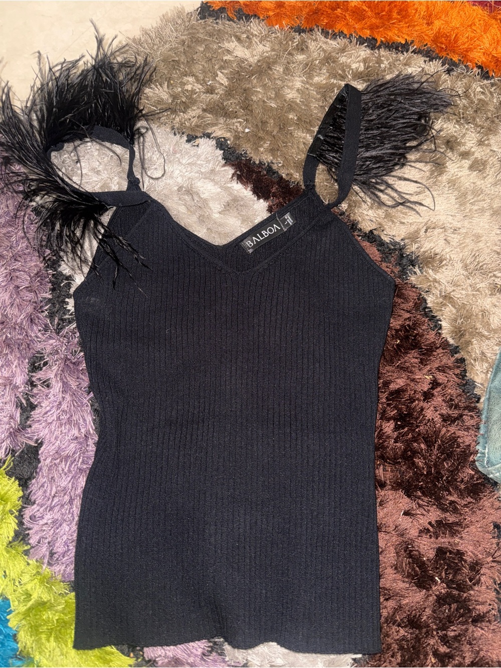 Balboa Black Feather-Trim Ribbed Camisole